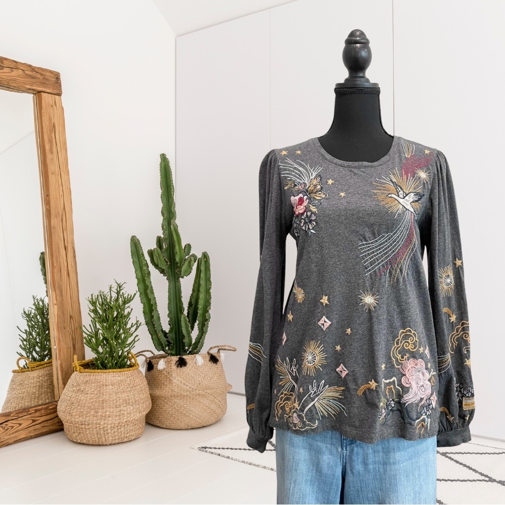Johnny Was Selah Cuffed Puff Long Sleeve Embroidered Floral Celestial Bird Top